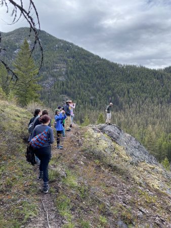 Line of students hiking on a mountain trail overlooking pine trees