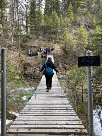 Student walks across a narrow, wobbly, wooden footbridge