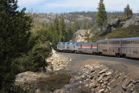 Amtrak passenger train in the mountains