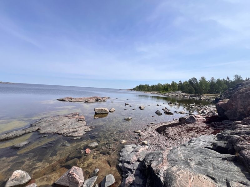 a rocky coastline of the Baltic Sea is visible with many mixed sizes of rocks and boulders and trees in the background along the shore