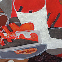 painting by artists Raquel Alvizures (Guatemala) and Ross Chaney depicting an apron over a chair at a table