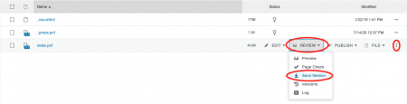 Save Version option in the Pages List View more actions menu.