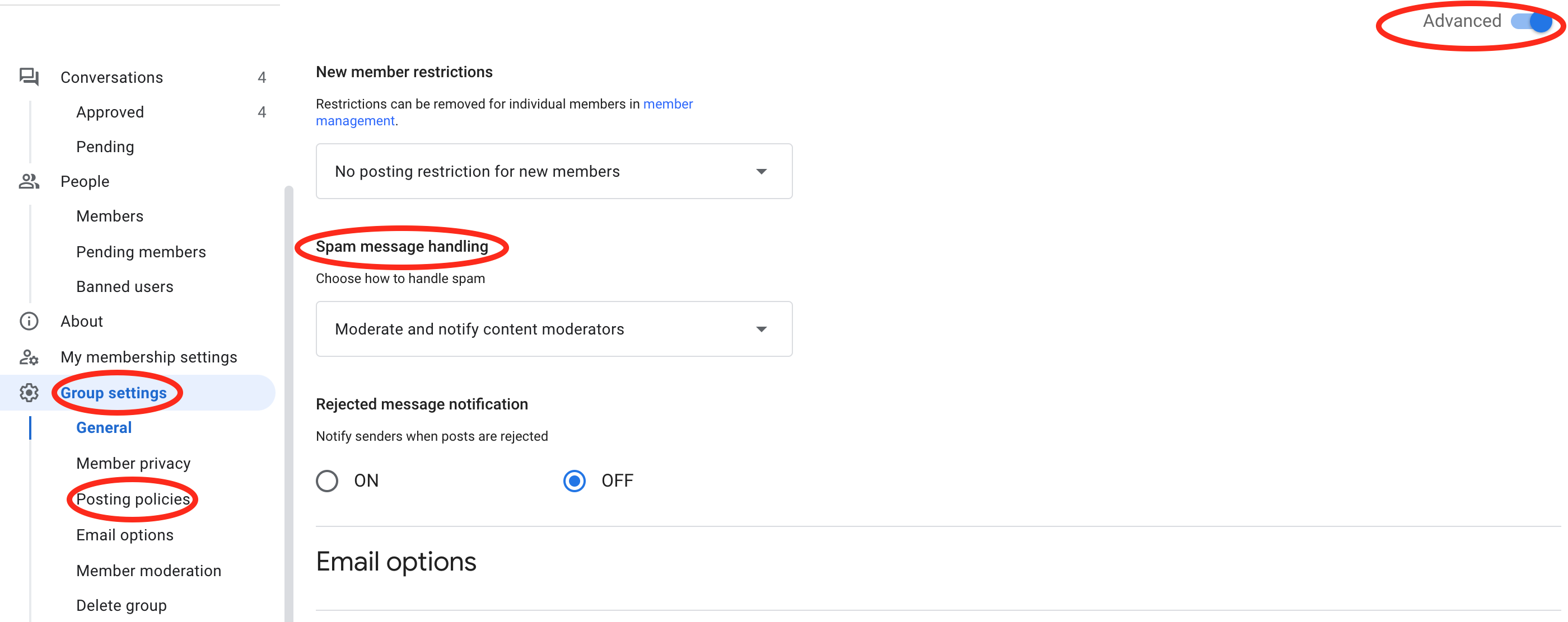 Spam message handling option in Google Groups.