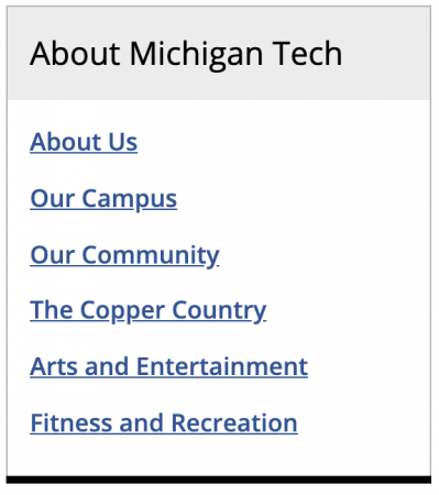 Sidebar with About Michigan Tech heading and six links.