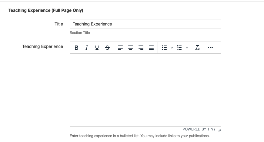 Screenshot of the Teaching Experience section.