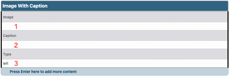 Image with Caption snippet with these fields numbered in order one to three, Image, Caption, and Type.