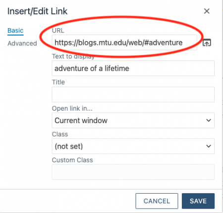 Insert Link window showing the hashtag link to an ID on a different page with a URL.