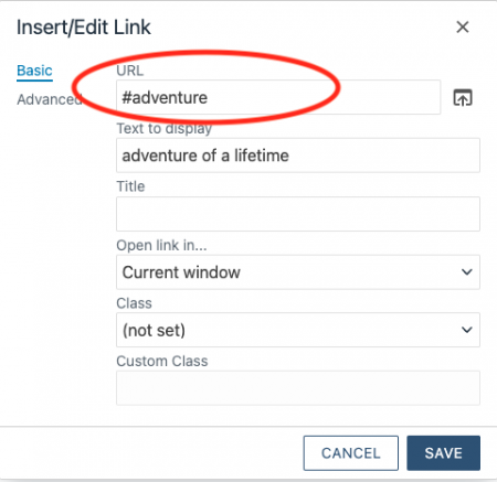 Insert Link window showing the hashtag link to an ID on the same page with no other URL.