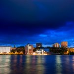 A view of campus at night from across the Keweenaw Waterway.