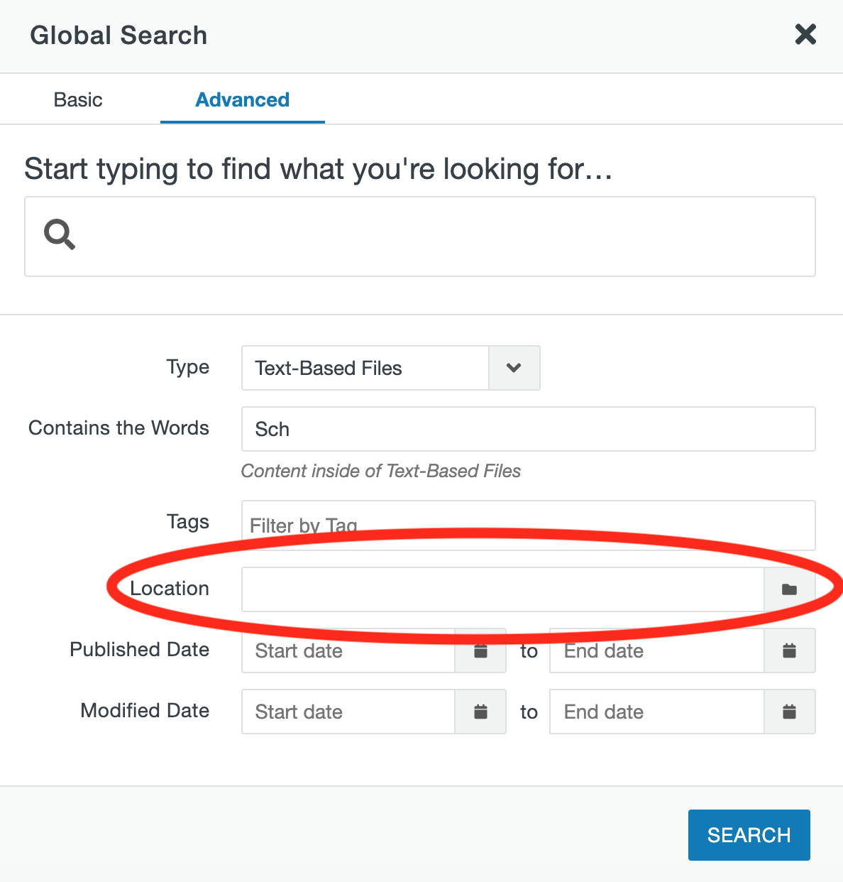 Location field in the CMS Search window.