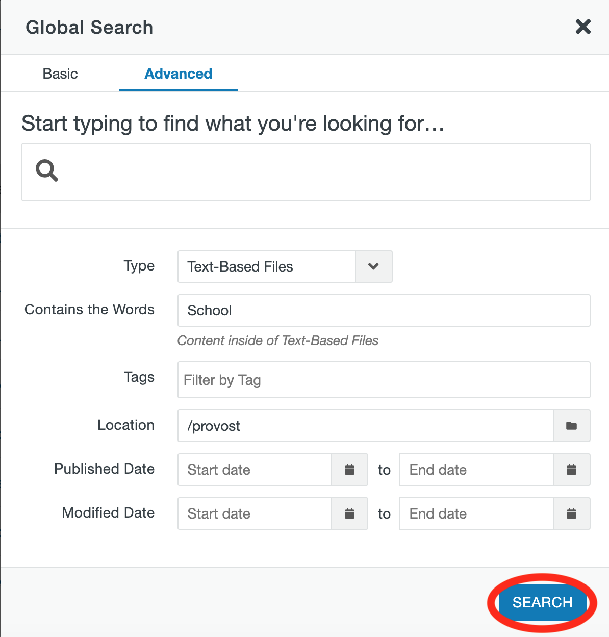 Search button in the CMS Search window.