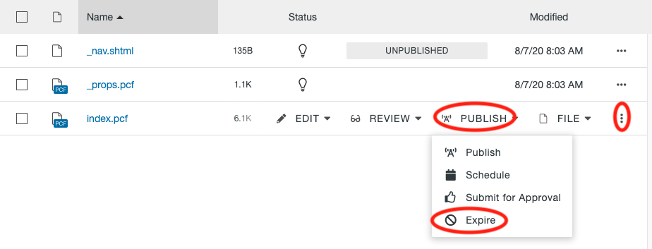 Expire option under the Publish menu on the Pages List View.