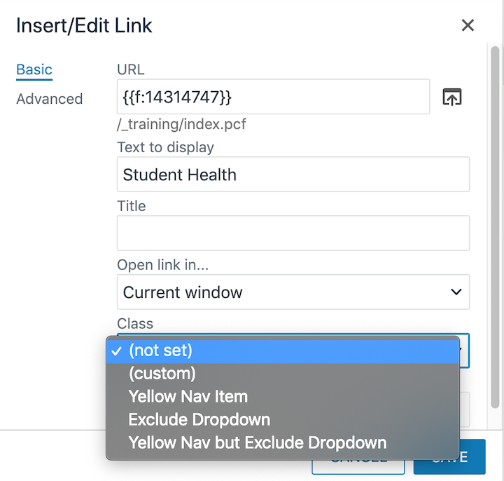 Classes drop-down list on the Insert/Edit Link window for a nav file.