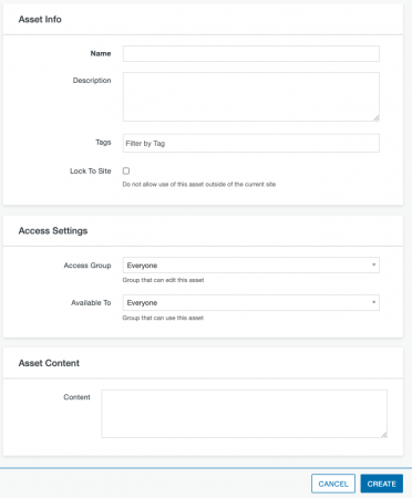 Asset Info, Access Settings, and Asset Content sections of a Plain Text Asset.