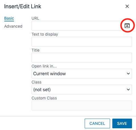 The insert internal link icon circled on the Insert/Edit Link window.