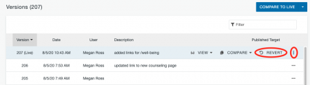 Revert option in More Actions on the Versions screen.