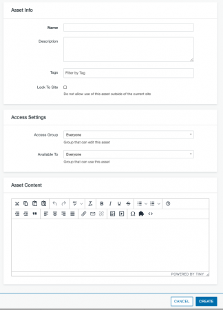 Asset Info, Access Settings, and Asset Content sections of a Web Content Asset.