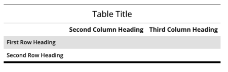 A striped table with placeholder Table Title and Second Column, Third Column, First Row, and Second Row headings.